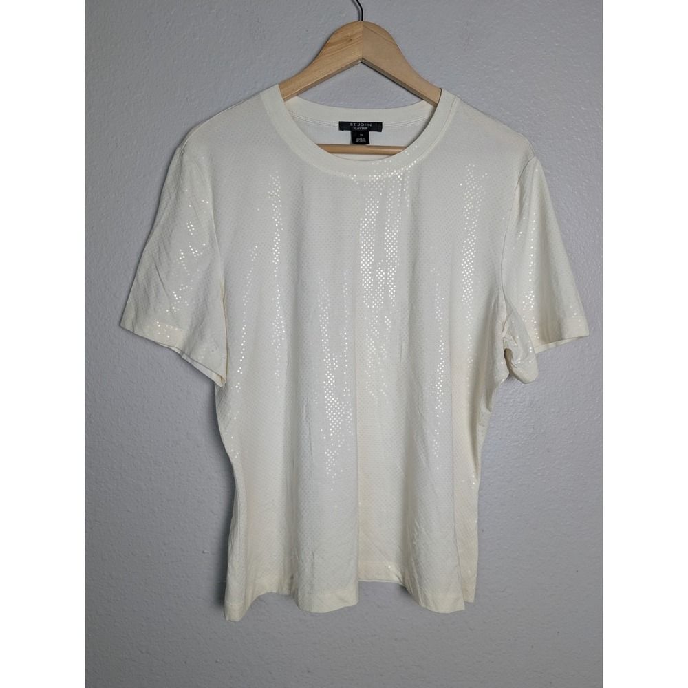 St John Caviar Womens XL Cream Shimmer Sequin Short Sleeve Crew Neck Top Tee